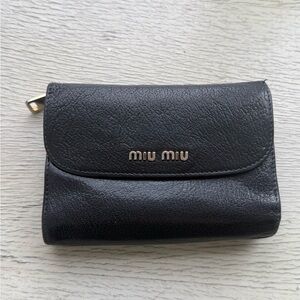Authentic Miu Miu Black Madras Compact Wallet — Leather, Zip/Card Slots